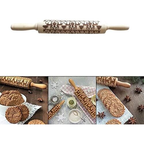 Christmas Rolling Pins Rock Snowflake Elk Wooden Rolling Embossing Baking Cookies Biscuit Fondant Cake Patterned Roller 35*5cm