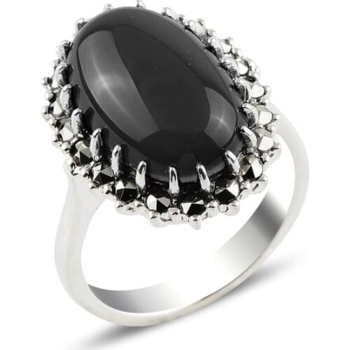 Silver 925 Sterling Onyx & Marcasite Ring