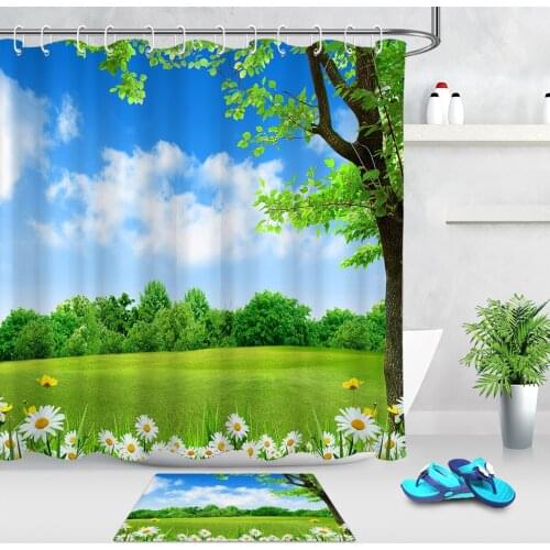 Spring Scenery Shower Curtain Blue Sky Green Grass Flowers Landscape Waterproof Polyester Fabric Bathroom Curtain with Hooks