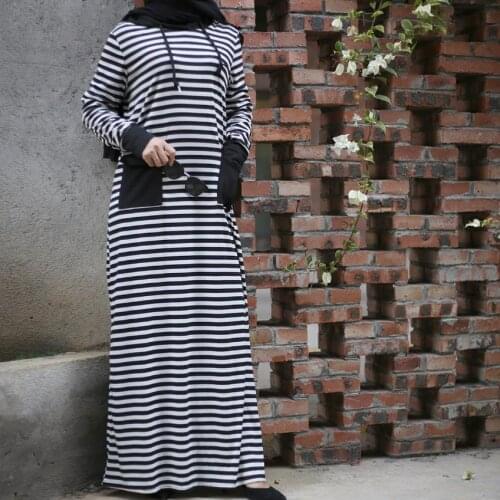 Adult Muslim Inside hooded Abaya Arab striped stitching full length Jilbab Dubai Muslims robes plus size Islamic dress F1330