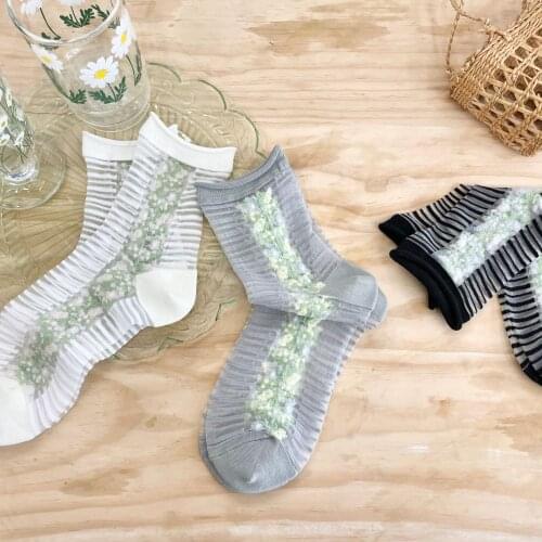 Women Ultrathin Transparent Crystal Silk Socks Lolita Style Japanese Maiden Lovely Flower Frilly Ruffle Short Princess Socks