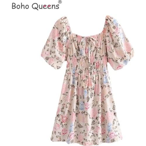 Boho Queens women floral print short sleeve high elestic beach Bohemian dress Ladies polyester Boho mini dress vestidos