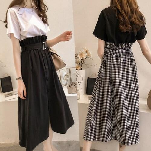 2 Pcs/1set Plus Size Womens Short Sleeve T-shirt Suit Summer Half Skirt