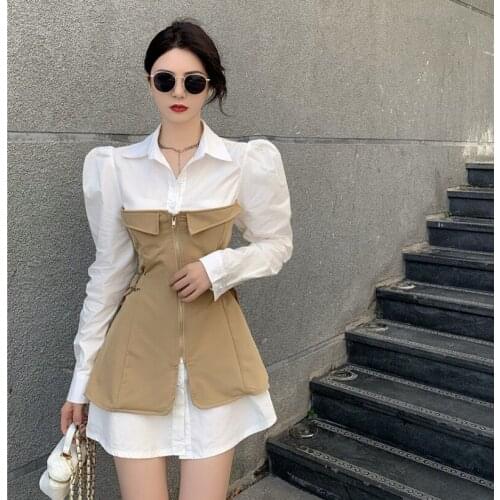 2021 New Korean Fashion Vestidos Women Sweet Spring Fall Puff Sleeve Fake Two Piece Patchwork Slim A Line Mini Dress