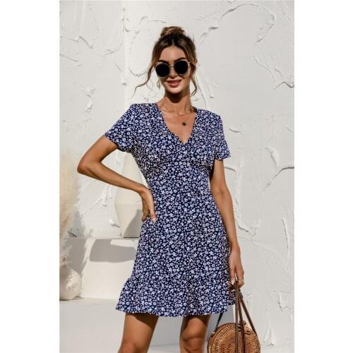 2021 Summer Womens Dress Casual Short Sleeve Deep V-Neck Floral Dot Print Sexy Dress Fashion Boho Style A-Line Mini Dress Femme