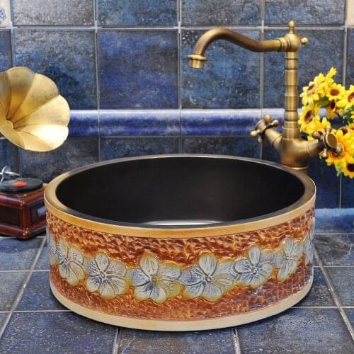 Antique high quality wasit drum shape ceramic wash basin bathroom decoration sink