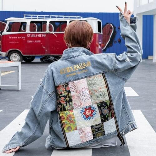 Embroidery stitching denim jacket Loose Jean Jacket Women Short Denim Jackets Women blue Jacket Tops street Bomber Denim Coat