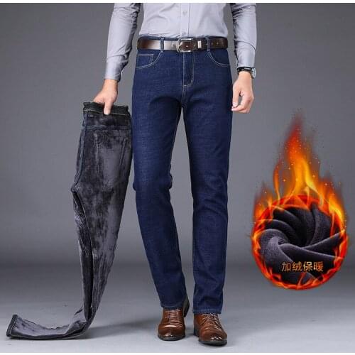 Fleece Winter Warm Jeans Men Casual Straight Stretch Black Blue Thick Denim Jeans Male 2020