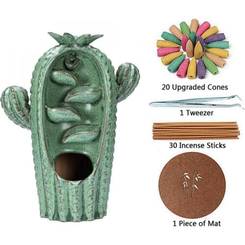 Cactus Shape Backflow Incense Burner With 20 Pc Cones Smoke Waterfall Incense Sticks Holder Creative Home Decor Porcelain Censer