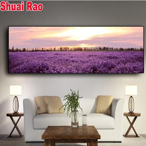 Lavender Sunset Nordic Landscape Posters Diamond Painting Flower Mosaic Embroidery Wall Art Large Picture For New Year Gift