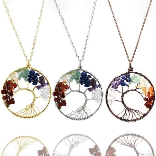 7 Chakra Stone Healing Crystal Big Tree of Life Wire Wrapped Natural Pendant Necklace Bronze