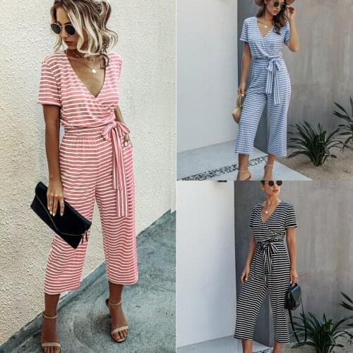 Summer Women Jumpsuit Casual Streetwear Striped Jumpsuits V-Neck Short Sleeve Jumpsuits Bowknot Sashes Women Summer Jumpsuit