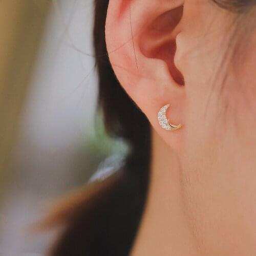 Minimalist Female Crystal Moon Star Earrings Real 925 Sterling Silver Wedding Earrings For Women Small Double Stud Earrings