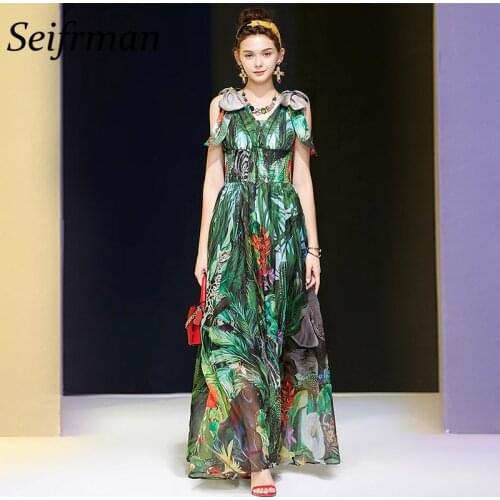 Seifrmann Women Summer Fashion Designer Party A-Line Dress Bow Sexy V-Neck High Waist Floral Print Ladies Midi Chiffon Dresses