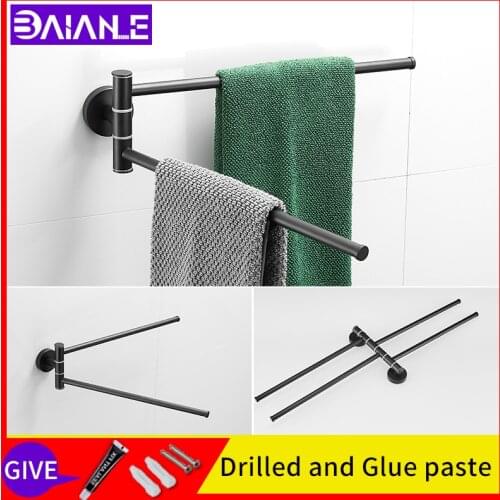 Bathroom rotating towel bar wall mounted stainless steel toilet towel holder dispenser with hooks wall shelf double towel rack