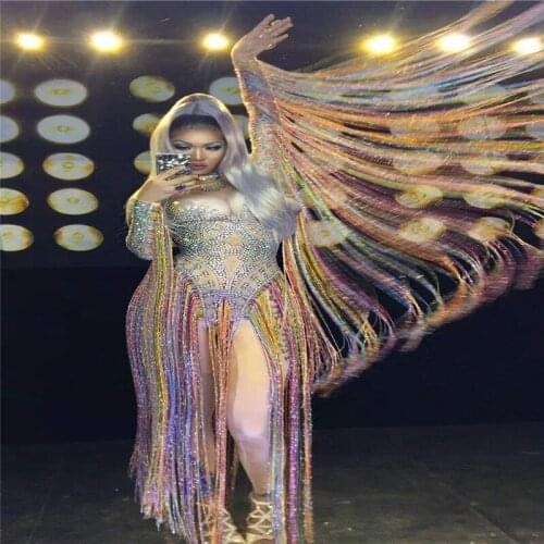 Y58 Colorful rhinestone bodysuit female pole dance dress long sleeve tassels elastic jumpsuit party outfits stage costume singer