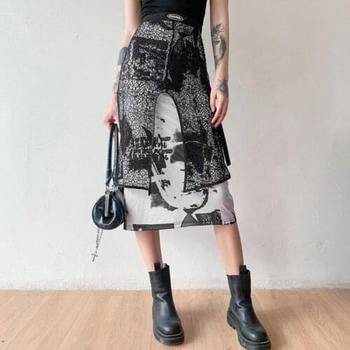 Chic Vintage Summer Fashion Print A-line Skirt High Waist Elasticity Long Skirts Woman Gothic Y2K Streetwear Irregular Skirts