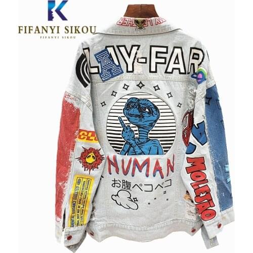 Jeans Jacket Women Streetwear 2020 Spring Loose Long sleeve Denim Jacket Female Fashion Print Jeans Coat Basic Jackets Outwear