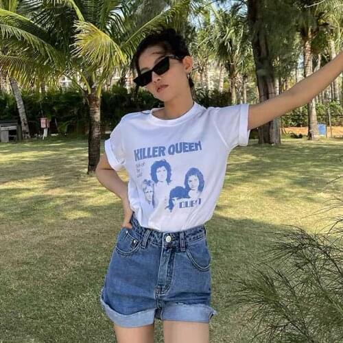 Killer Queen Vintage Printed White Shirt For Ladies Short Sleeve Cotton Graphic Tees Plus Size Round Neck Kpop Chic T Shirts