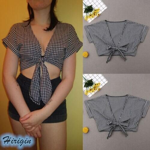 Summer Women Tops 2019 New Women Summer Casual Plaid Short Sleeve V-Neck Lace Up Short Crop Tops Size S-XL