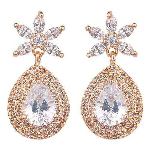 New Fashion CZ Clear Cyrstal Stud Earrings Gold Color Flower Pierced Women Long Earring Jewelry GLE5455