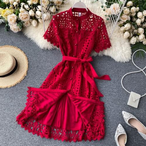 2021 Summer New Vintage Lace Dress Women Sexy Hollow Out Balck White Mujer Casual Short Sleeve Beach Red Dresses Party Vestidos