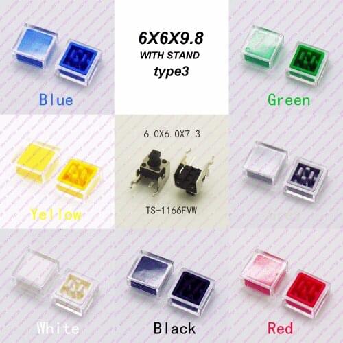 10PCS 6X6X7.3MM With 2Caps Dia.10mm Horizontal Momentary Tact Button Top Square Head Tactical Keys Switch Mini Push Button