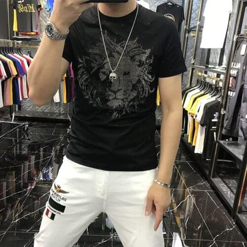 2021 New Fashion Mens T-Shirt Summer Modal Cotton Breathable Hot Diamond Lion Pattern Casual Fitness Black And White O-Neck Top