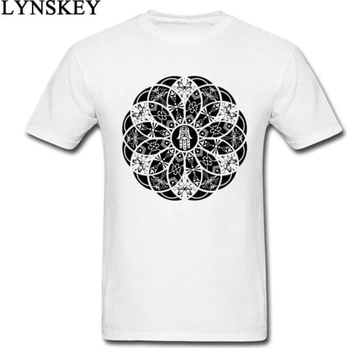 Retro Style T-shirt Hamsa Eye Lotus Mandala Men Black White Customized Top Tees Cotton Fabric Clothes Crew Neck
