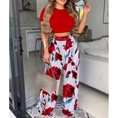 Two Piece Set Women2021 Summer New Solid Color Short-Sleeved T-sleeve + Long Urban Casual Trouser Suit Printed Sportswear Ladies