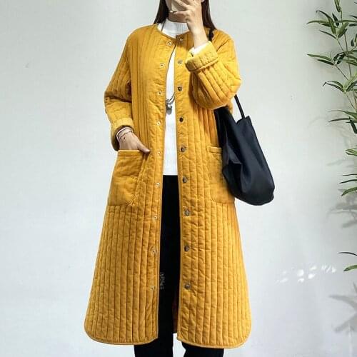 2021women autumn winter new simple literary round neck quilted corduroy long thin cotton jacket all-match plain windbreaker s111