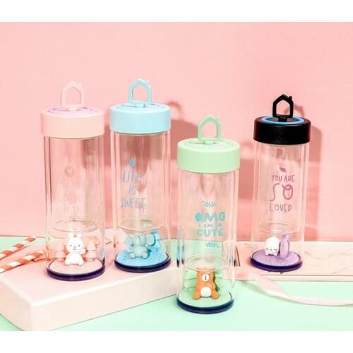 Cute Water Cup Cartoon Pattern Bullet Cover Plastic Transparent Cup Simple Fresh Student Couple Outdoor Portable Water Bottle