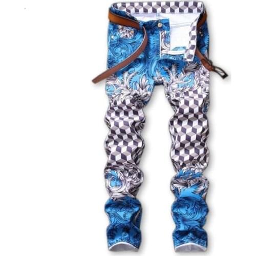 Newsosoo brand New Mens fashion photo frame print jeans Male European and American painted denim pants Trousers Free shipping