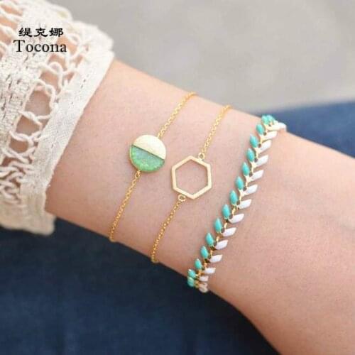 Tocona New Fashion 3pcs/sets Bracelets Gold Color Hollow Geometric Shape Design Chain Bangles For Women Ladies Jewelry 3485