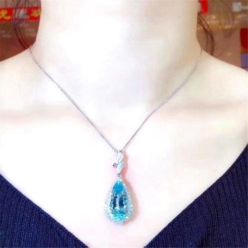 Luxury big aquamarine gemstones diamond Pendant necklaces for women blue crystal White gold color choker chain jewelry bijoux