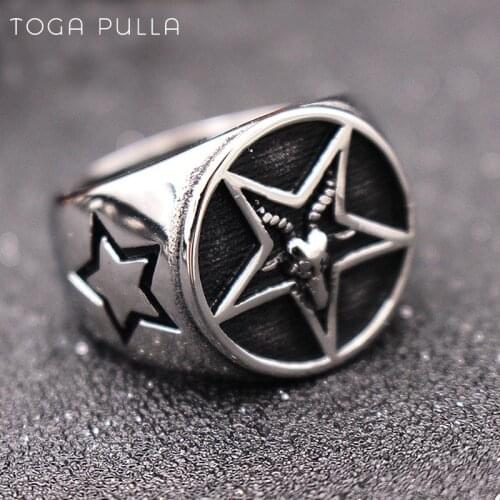 Mens Goat Pentagram Signet Ring Men 316L Sainless Steel Satanic Devil Dmon Star Biker Ring Baphomet Punk Rock Biker Jewelry