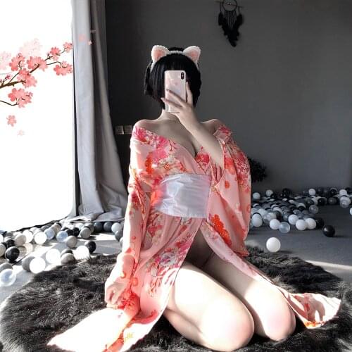 Sexy Womens Lingerie Japanese Kawaii Pink Kimono with White Bow-knot Waistband and Thong Maid Cosplay Costumes AV Outfit