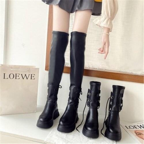Sexy Leather Thigh High Boots Female High Heel Over The Knee Boots For Women Round Toe Party Shoes Cross-Tied Long Booties 35-40