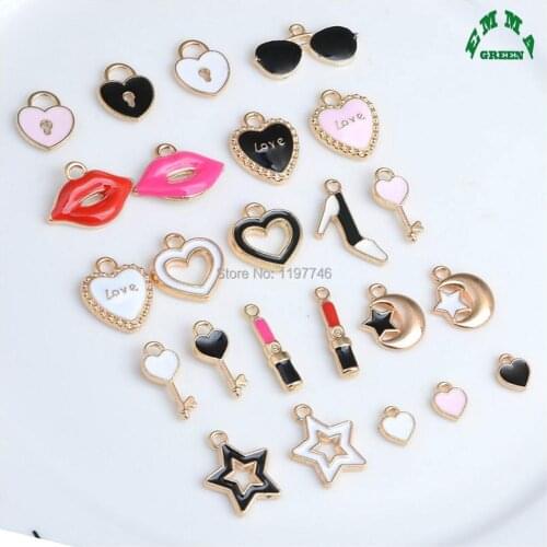 Gold Charms colorful Enamel Charms 10pcs Heart Charms Red lips Charms cute Lock Key Charms Mini lipstick Charms for Earrings