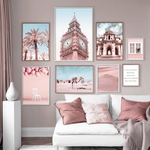 Nordic Wall Art Poster Printing London Architecture Clock Tower Pink Canvas Painting Living Room Home Decoration Mural