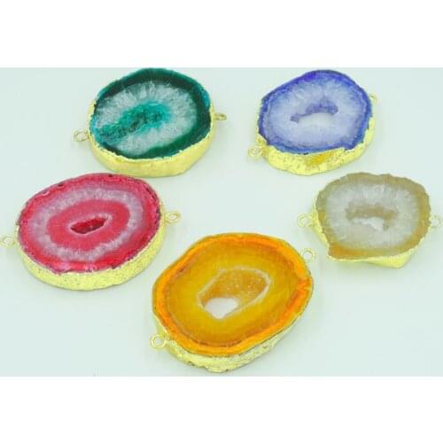 Mixed Colors Stripe Agat e Geode Irregular Connectors Of Gold Cladding 35-40 mm Long
