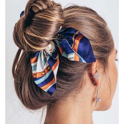 2020 New Girls Chiffon Bowknot Silk Hair Scrunchies Women Pearl Ponytail Holder Hair Tie Hair Rope Rubber Bands Hair Accessories