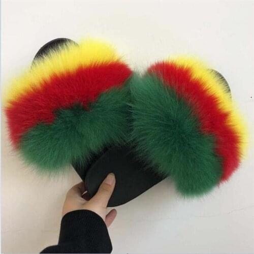 Womens Fox Fur Slippers Ladies Fashion Sandals Female Fluffy House Slides Girls Cute Plush Party Shoes Luxury Flip Flops 35-45