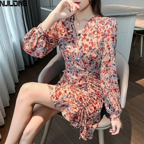 Floral Printed Women Chiffon Dresses 2021 Spring Long Sleeve V-Neck Lace Up Pleated Ruffle Sexy Short Mini Dress Mujer Vestidos