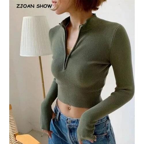 2020 Women Knit Striped Line Zipper Stand Collar Sweater Vintage Exposed navel Short Pullover Knitwear Long sleeve Jumper Tops