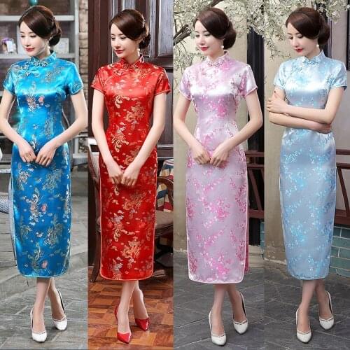 Women Long Cheongsam Lady Elegance Chinese Traditional Dress Female Qipao for Party Short Sleeve Ancient Tang Dresses 90
