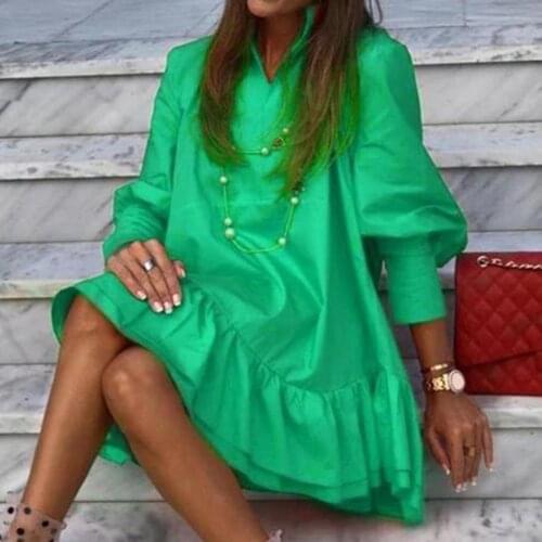 Plus Size 3XL Women Elegant Solid Color Ruffle Long Puff Sleeve Large Hem Loose Mini Dress Women Clothing Vestidos