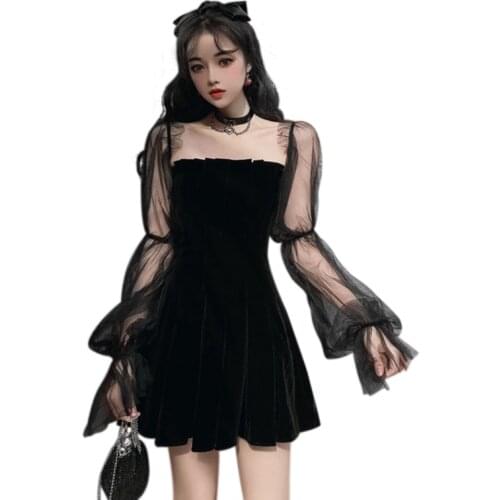 Women Spring Summer Temperament Fashion Mesh Stitching Bubble Sleeve DressesStrapless Waist Puffy Dress Black Free shipping