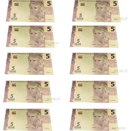 10PCS Brazil Bankno 5 Reyals Gold Foiled Platsic Banknote Crafts Gold Plated Replica Money Collection Souvenirs Drop Shipping