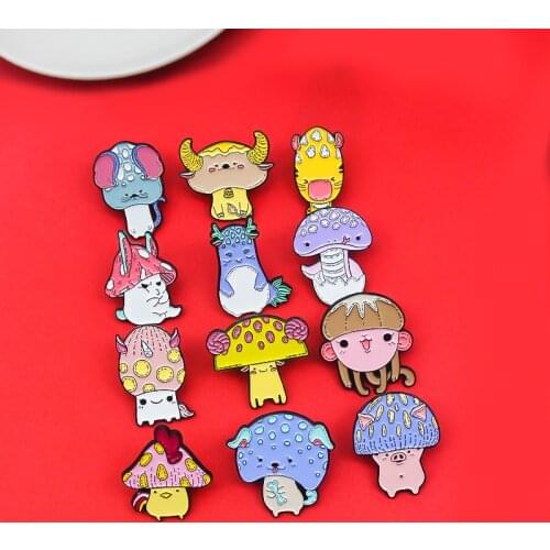 12 Kinds Of Cute Mushroom Small Animal Enamel Alloy Badge Pins Fashion Personality Cartoon Sheep Puppy Children Boy Girl Gift